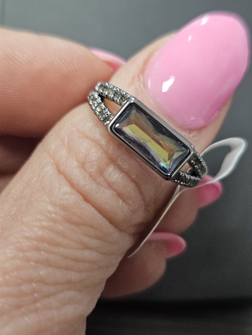 NWT Rectangular Blue Green Topaz & Hematite Split Shank Ring LAB Created Size 6
